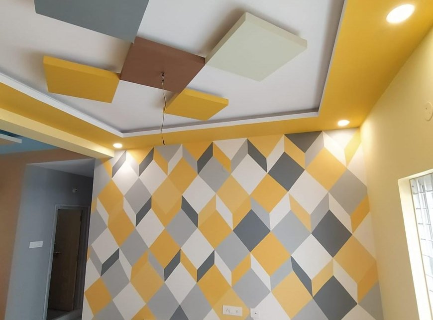 Yellow, White and Grey Geometric Pattern - Wall Colour Combination & Wall Painting Design