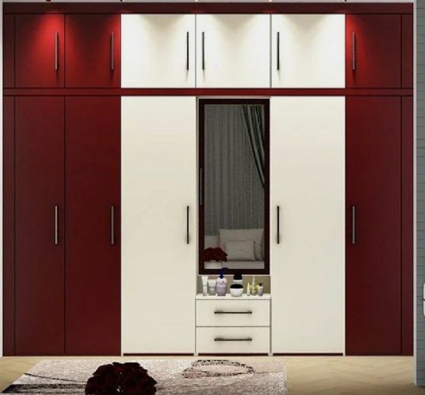 Best Wardrobe Design With White & Red Finish Laminate