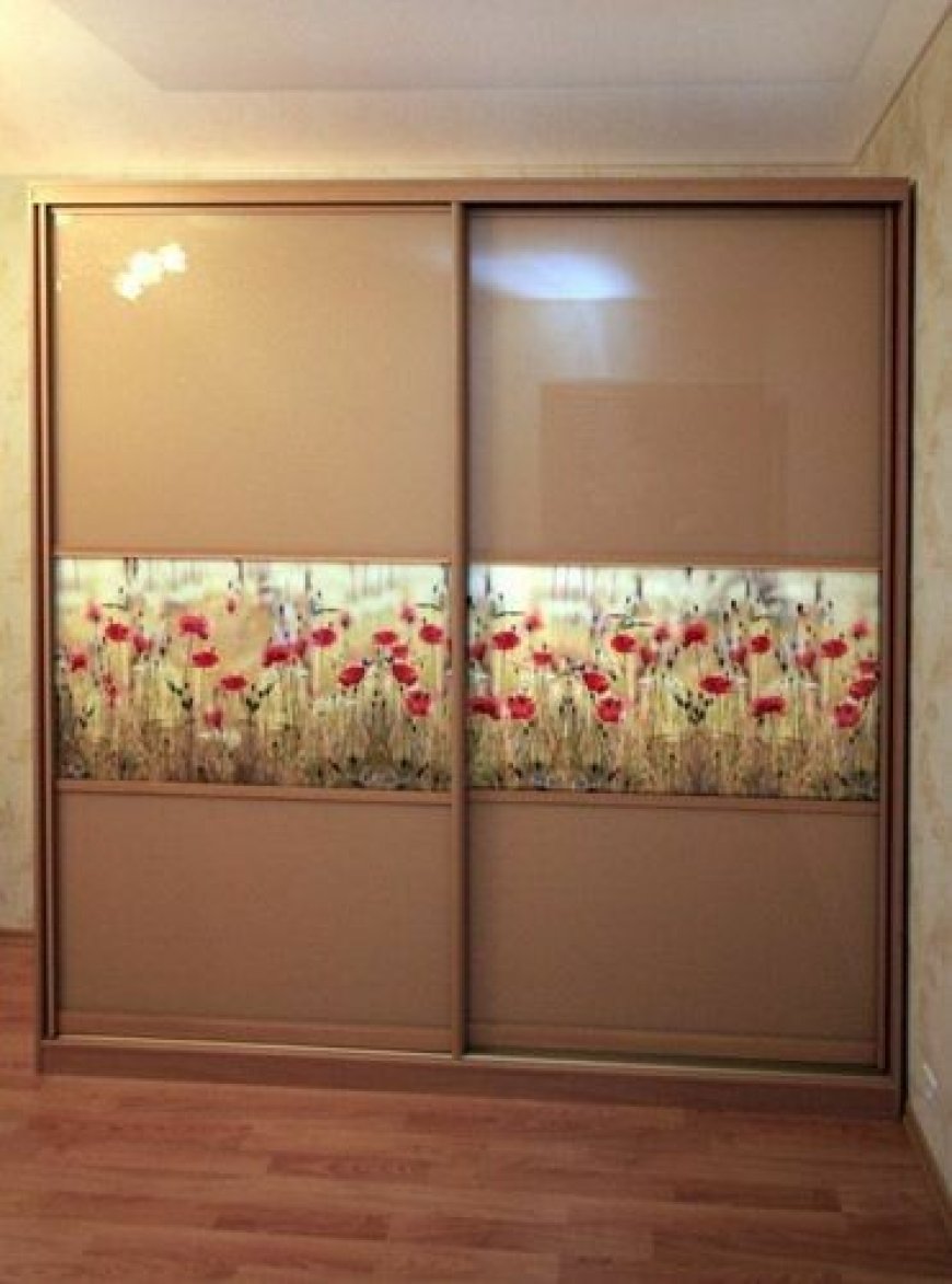 Best Wardrobe Design With Light Brown Glass Finish & Floral Laminate