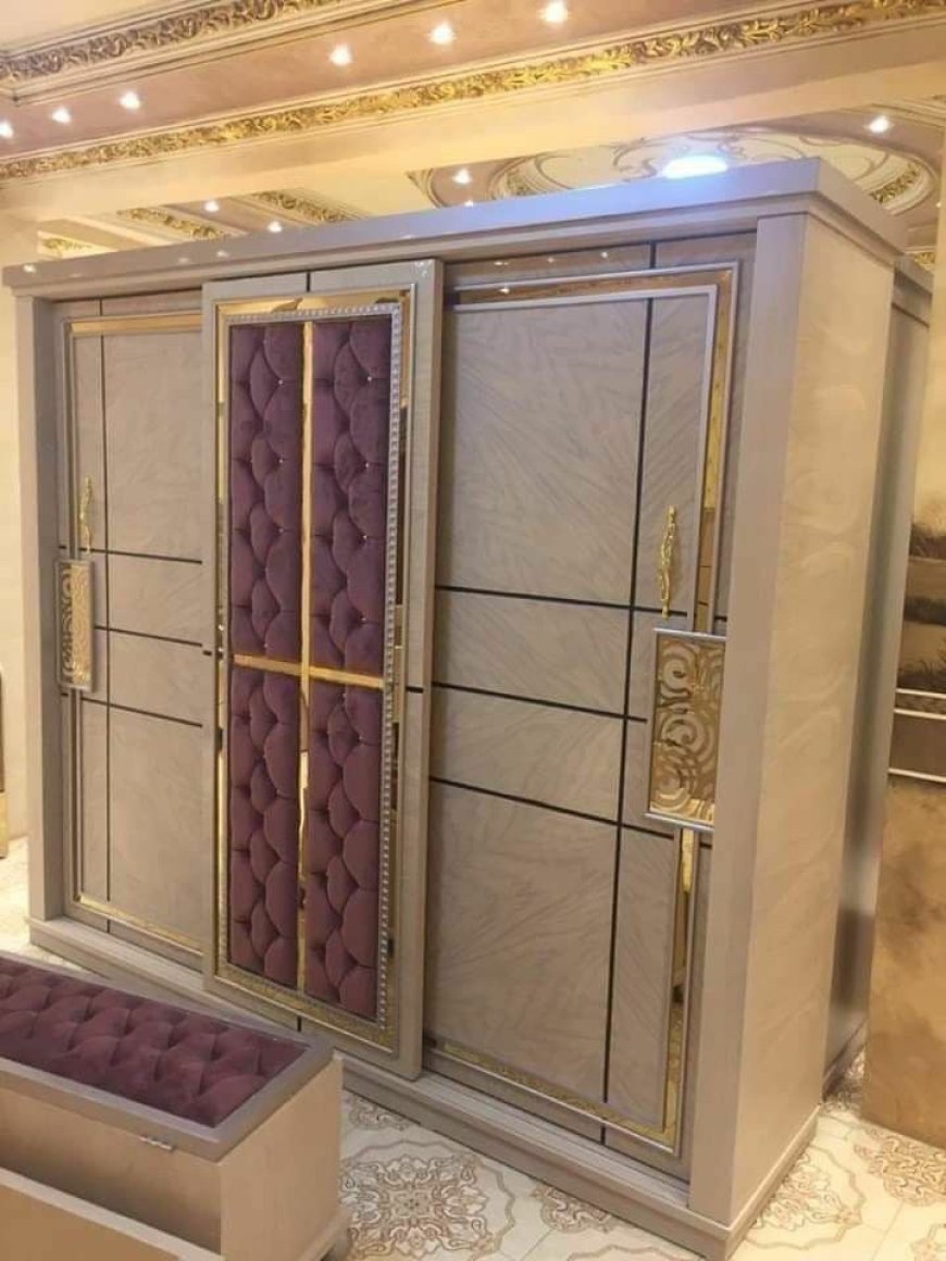 Best Wardrobe Design With Violet & Light Gold Finish Laminate