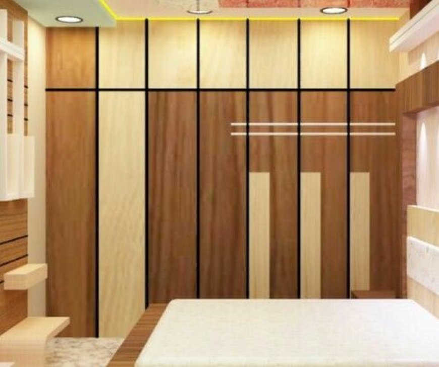 Best Wardrobe Design With Wooden Finish & Cream Color Laminate