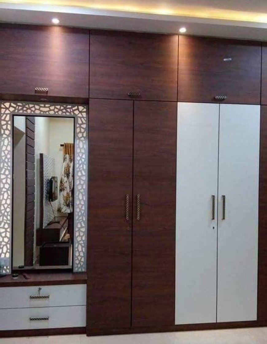 Best Wardrobe Design With Dark Brown Wooden Finish & White Color Laminate