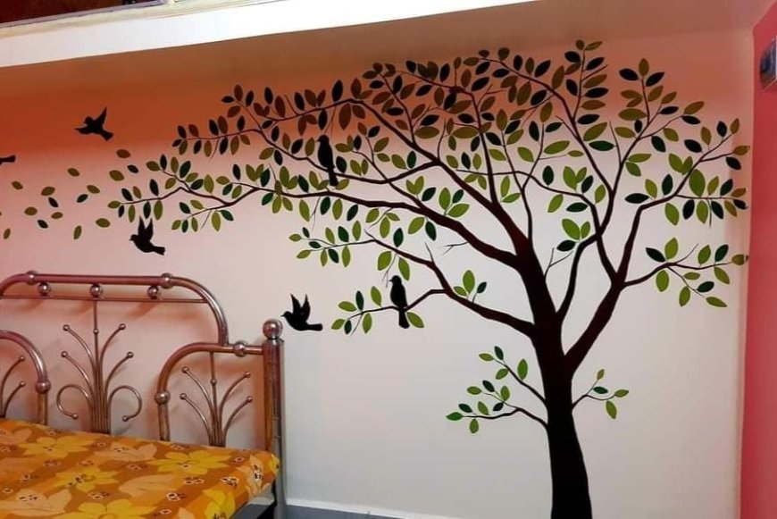 Wall Decoration Ideas-  Cream With Chirping Bird On a Tree Design