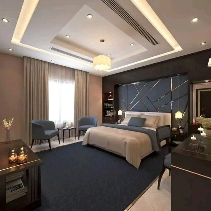 Cream and Navy Blue Colour Bedroom Design